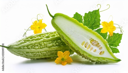 Close Up Of Whole Fresh Bitter Melon With Blossom And Leaves On White Background