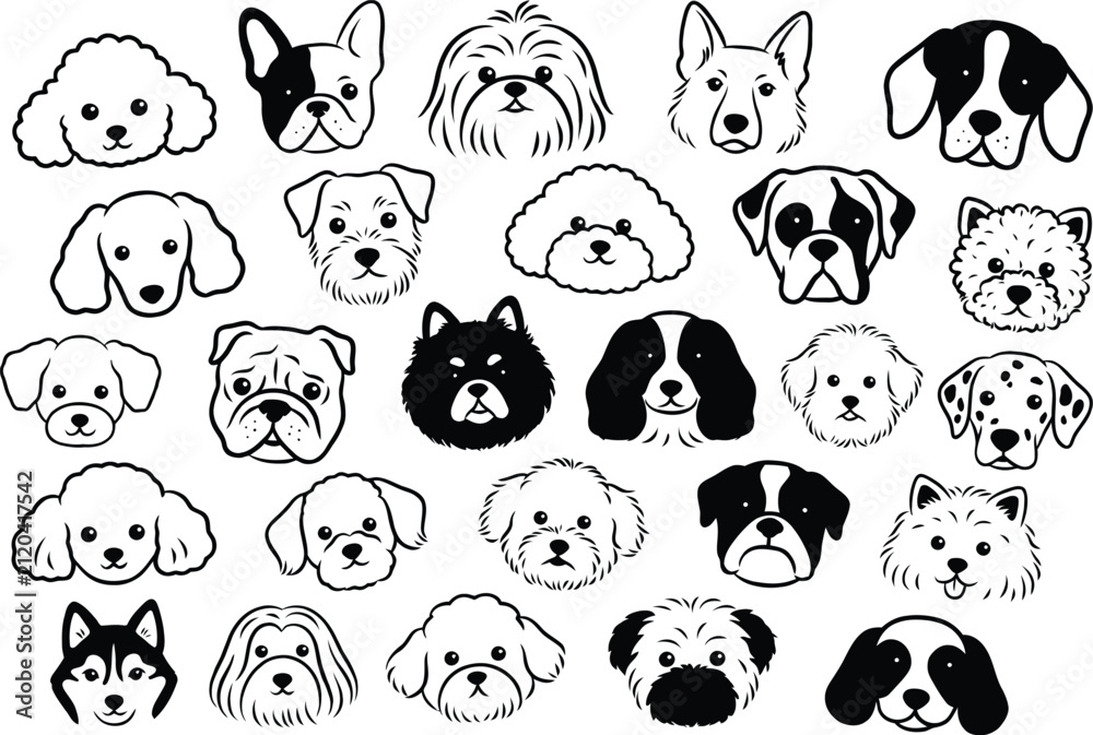 Fototapeta premium Dog breed faces collection, 25 puppy head icons, black and white pet vector set