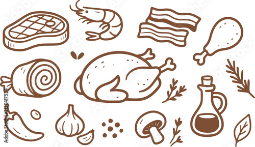 Cuadro en lienzo Hand drawn meat and poultry icons, butcher shop doodles, raw food ingredients
