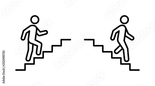 Stick figures climbing and descending stairs. Concept of career growth and business decline.
