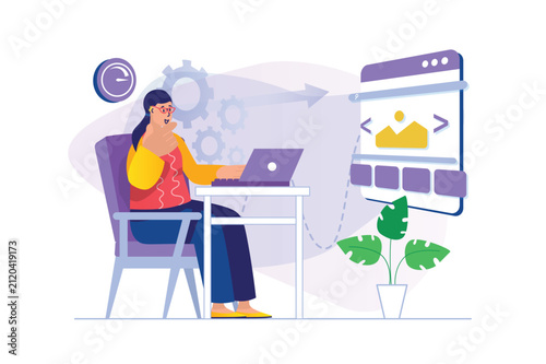 Woman working on laptop coding website design with development icons and mobile interface preview