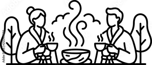Obraz na płótnie Couple Enjoying Hot Drinks in Bathrobes Outdoors with Steam