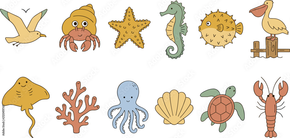 Fototapeta premium Cute Kawaii Sea Animal Collection Featuring Seahorse Octopus Turtle Starfish Stingray Puffer Fish Pelican Crab and Marine Cartoon Vector Set