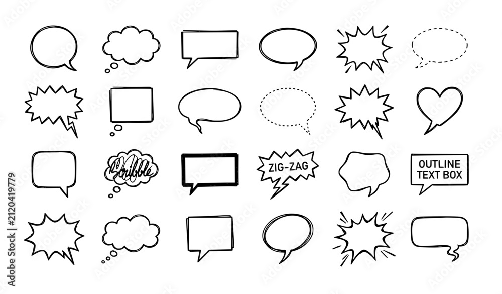 Fototapeta premium Hand drawn speech balloon and thought bubble vector set with comic sketch dialogue elements
