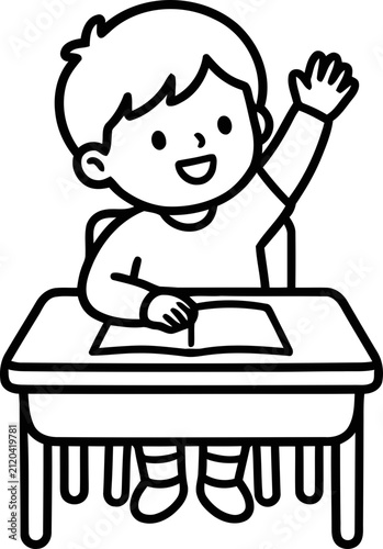 фотографія Happy child raising hand in classroom, sitting at desk, eager to answer question