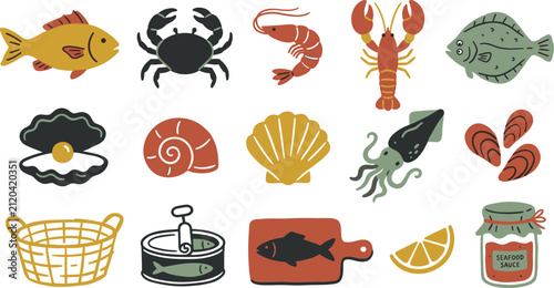 Seafood Market and Marine Food Icon Collection Featuring Fish Crab Shrimp Lobster Oyster Squid Mussels and Fresh Ocean Cuisine Vector Set