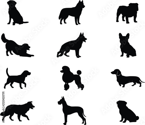 Dog Poses and Action Stances Silhouettes Vector Icons Set for Pet Care Design