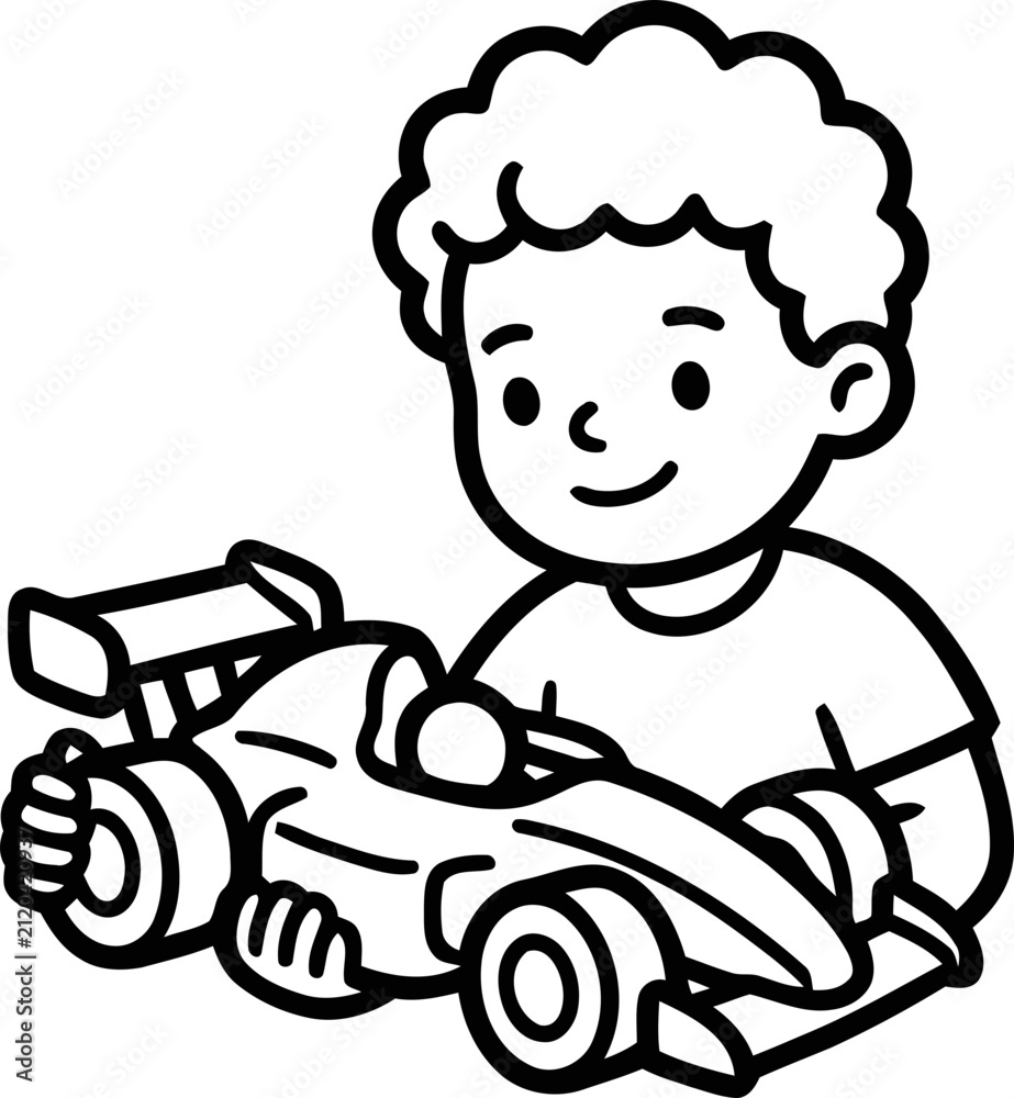 Obraz premium Happy boy playing with a toy race car, cartoon illustration, isolated on white background