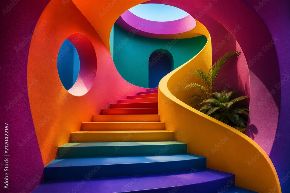 Obraz premium Colorful curved staircase ascending through arched interior space