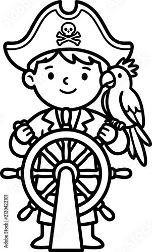 Cute Cartoon Pirate Boy with Parrot on Shoulder Steering Ship Wheel