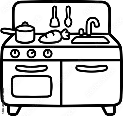 Cartoon Kitchen Stove with Pot, Carrot, and Sink - Line Art Illustration
