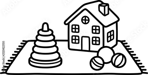 Childhood toys - house, stacking rings, and balls on a rug, line art illustration