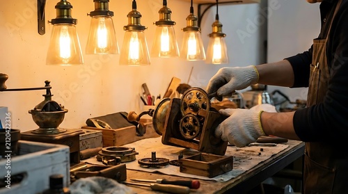 Craftsman working on vintage machinery in workshop.