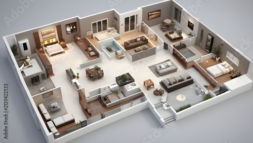 3D render of a modern luxury apartment floor plan with stylish interior design, aerial top view of contemporary house layout