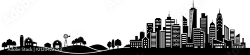 Rural Farm and Urban City Skyline Silhouette Panorama