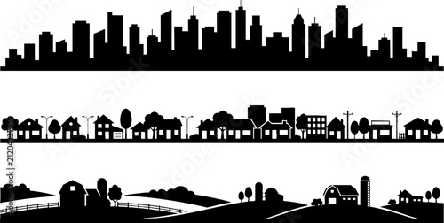 Urban, suburban, and rural skyline silhouettes collection