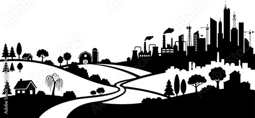Rural landscape and industrial city skyline silhouette illustration