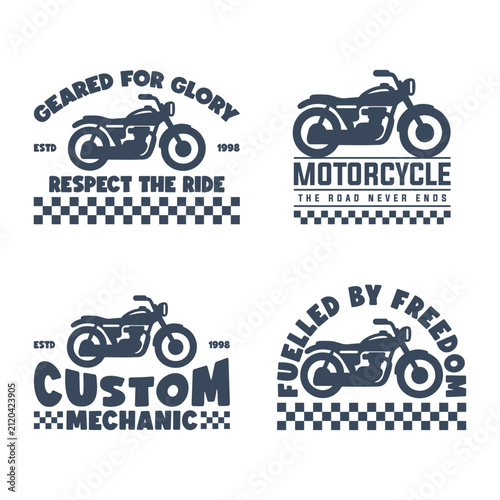 Set of four vintage motorcycle emblems with checkered flags and typography