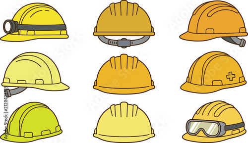 Yellow safety hard hat vector set featuring construction helmet designs with headlamp chin strap safety goggles and cross icon for industrial work safety, 21 words.