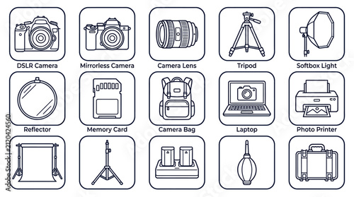 Collection of photography equipment icons