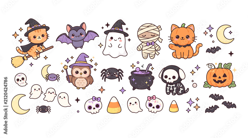 Fototapeta premium Colorful cartoon animals and objects flat icons set Halloween, Happy Halloween, Halloween 2026, Spooky Season, Halloween Art, Halloween Design, Halloween Graphics