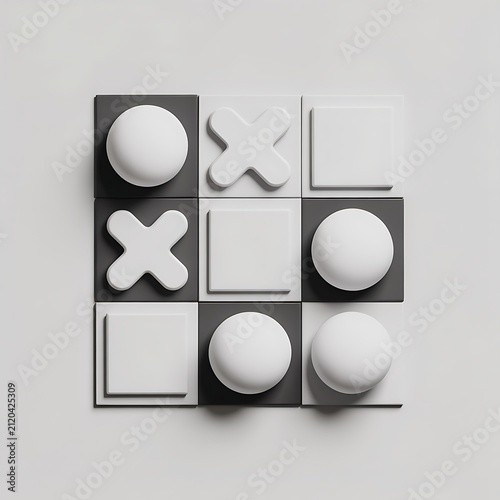 Minimalist 3d rendering of a tic tac toe game grid with geometric shapes on a neutral surface
