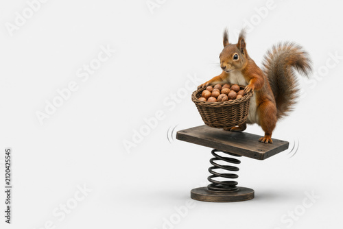 Squirrel holds a basket of nuts on a spring platform. Space for text.