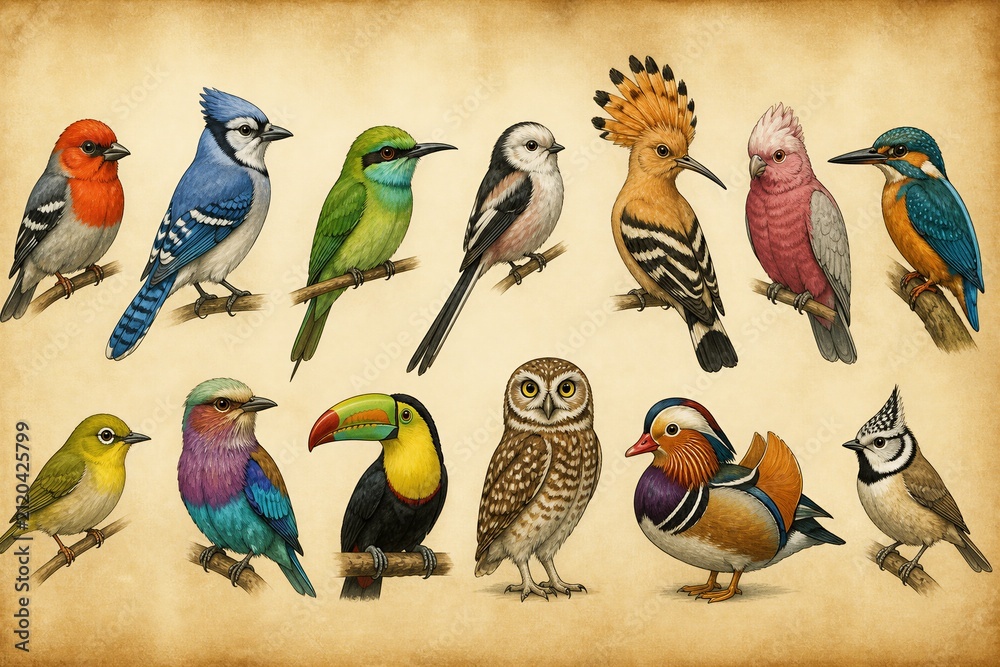 Fototapeta premium Vintage illustrated collection of diverse bird species on parchment