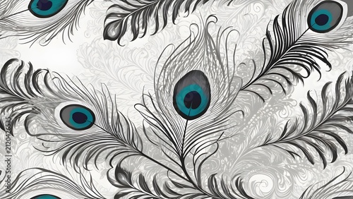 Elegant Seamless Peacock Feather Pattern with Turquoise Ocelli on a Monochrome Background, Luxury Decorative Design Element