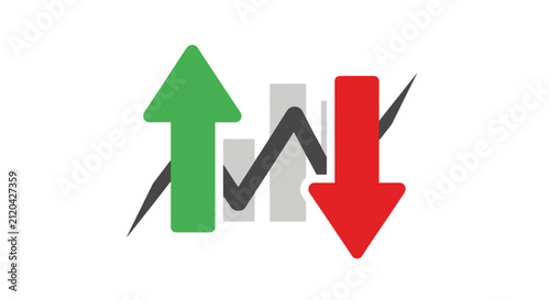 Quadro su tela A graphic illustration depicting market trends with a bar chart, an upward green arrow, a downward red arrow, and a fluctuating line graph, symbolizing growth and decline in business statistics
