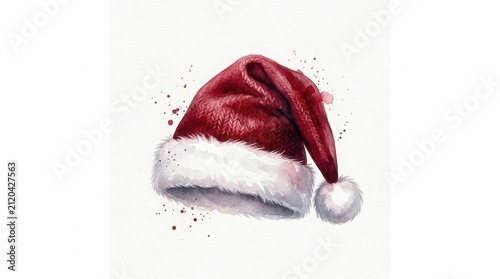 Red santa claus hat with white fur trim and fluffy pompom painted in a festive watercolor art style for christmas holiday design