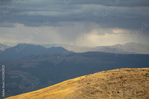 Panoramic View of Rain Showers Beyond Mount Washburn in Yellowstone