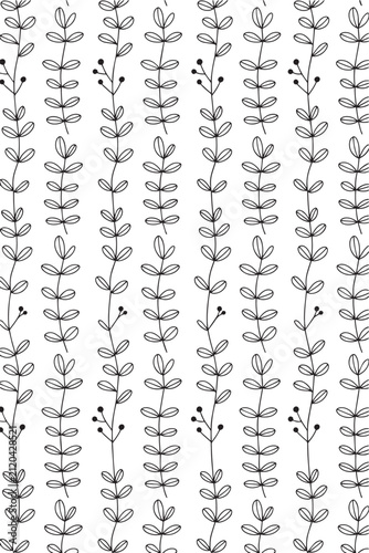 A seamless black and white pattern design featuring delicate botanical elements