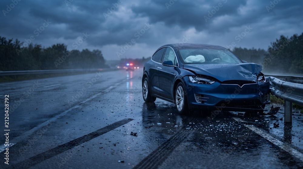 Naklejka premium Blue tesla electric car crashed into metal guardrail on rain soaked highway during stormy evening.