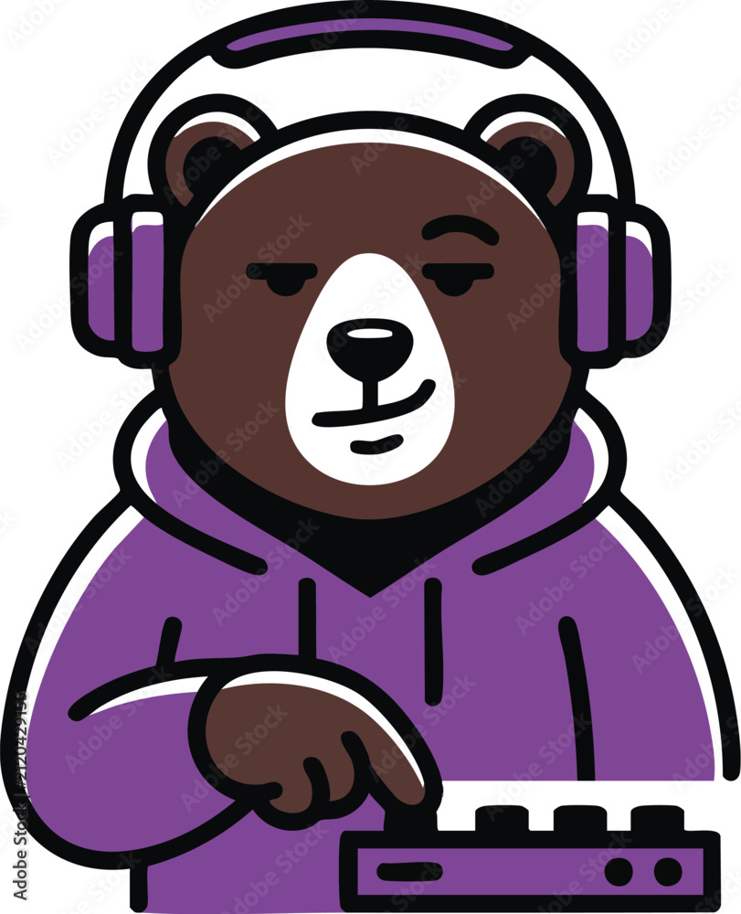 Fototapeta premium Cute bear DJ mascot with headphones and mixing console