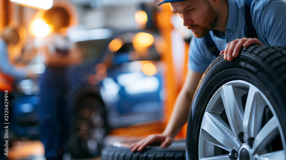 Obraz premium Faceless car mechanics changing a tire at an auto repair shop garage, teamwork service concept, with copy space