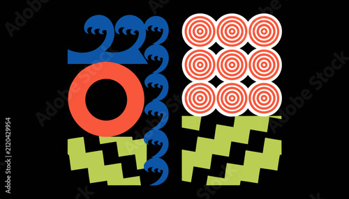 Colorful abstract composition with waves circles and zig zag shapes.