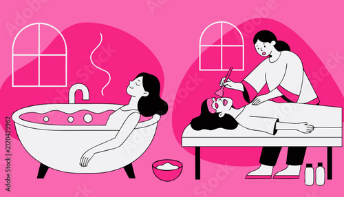 Woman enjoying a bath and getting a facial mask at spa, beauty treatment illustration.