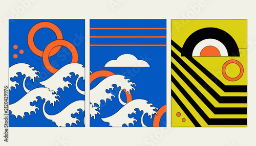 Abstract art with waves circles and geometric lines in bright colors.