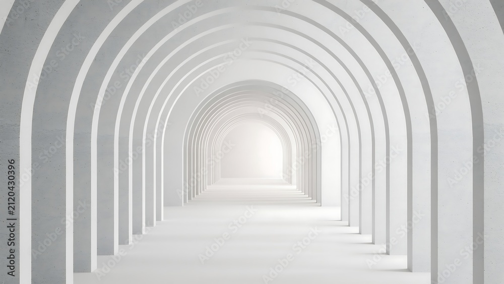 Fototapeta premium Futuristic White Archway Corridor with Repeating Arches and Minimalist Architectural Design
