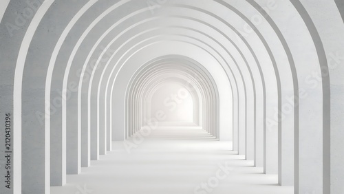 Futuristic White Archway Corridor with Repeating Arches and Minimalist Architectural Design