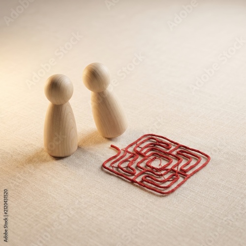 Two Wooden Figures Facing a Tangled Thread Maze Together