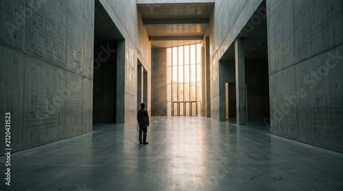 Solitary Figure Walking Toward Light in Vast Concrete Hallway