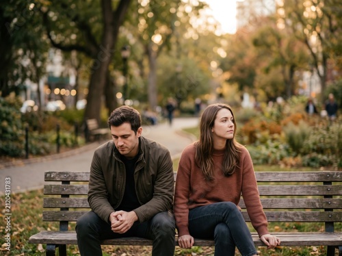Couple Sitting Apart On Park Bench, Emotional Distance And Relationship Tension Concept