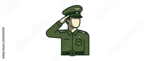 Принти на полотні Professional Military Officer in Green Uniform Saluting Flat Vector Illustration
