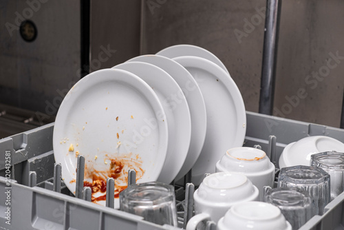 Dirty plates, trays, cups, and drinking glasses loaded into a commercial dishwasher basket in an industrial kitchen.