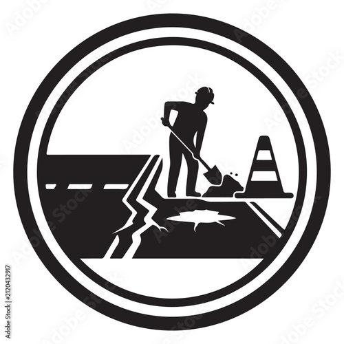 Road construction icon with worker silhouette digging a pothole with a shovel and traffic cone for infrastructure maintenance and street repair