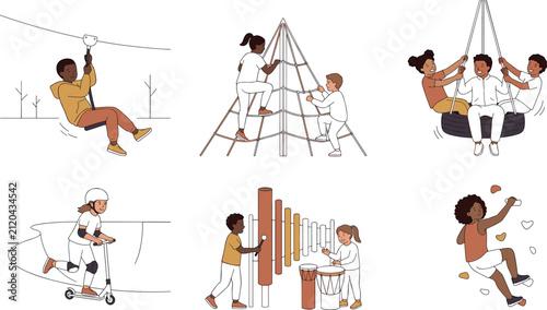 Diverse happy children playing outdoor activities at playground set vector illustration.