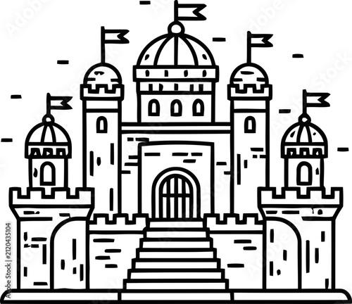 Medieval Castle Illustration: Fantasy Fortress with Towers and Flags