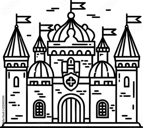 Fantasy Castle Outline Icon - Medieval Fortress with Flags and Towers